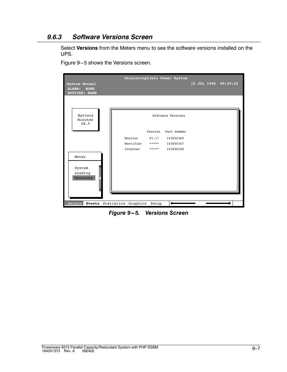 3 software versions screen, Figure 9 . versions screen | Powerware 9315s User Manual | Page 83 / 205