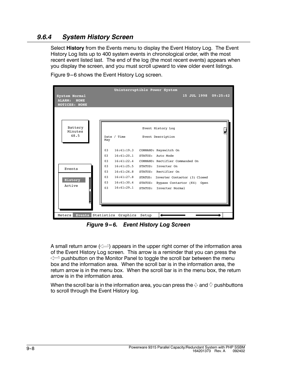 4 system history screen, Figure 9 . event history log screen | Powerware 9315s User Manual | Page 84 / 205