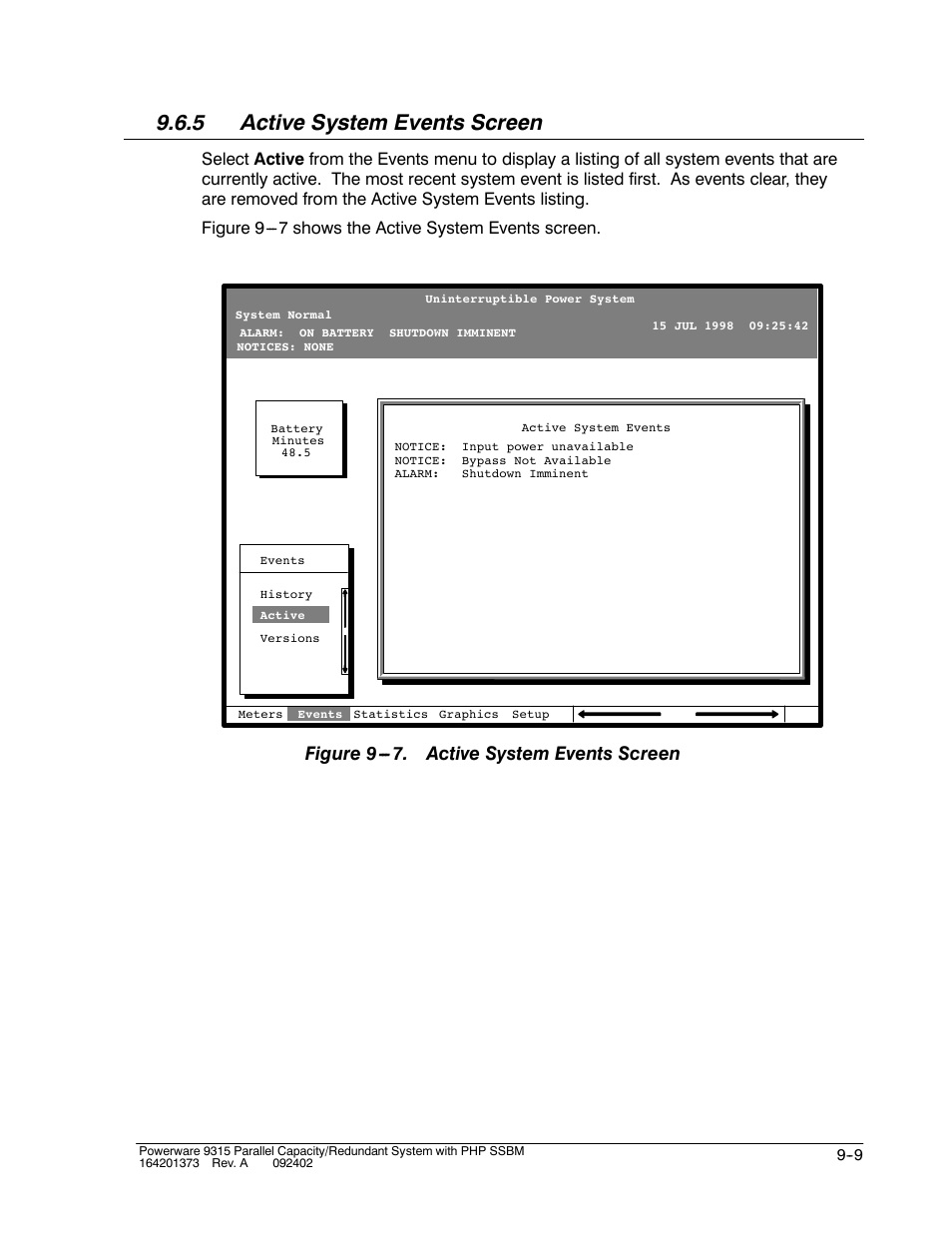 5 active system events screen, Figure 9 . active system events screen | Powerware 9315s User Manual | Page 85 / 205