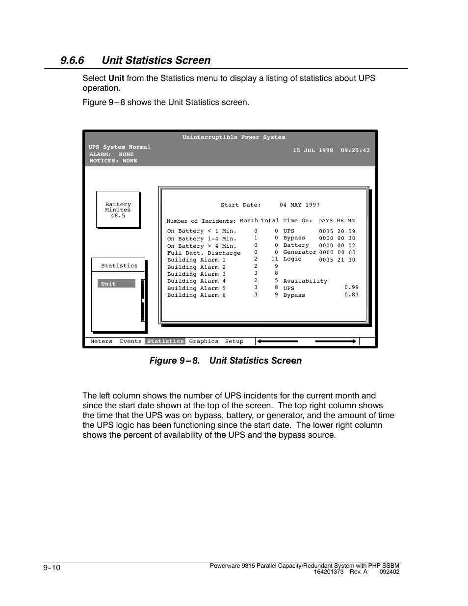 6 unit statistics screen, Figure 9 . unit statistics screen | Powerware 9315s User Manual | Page 86 / 205