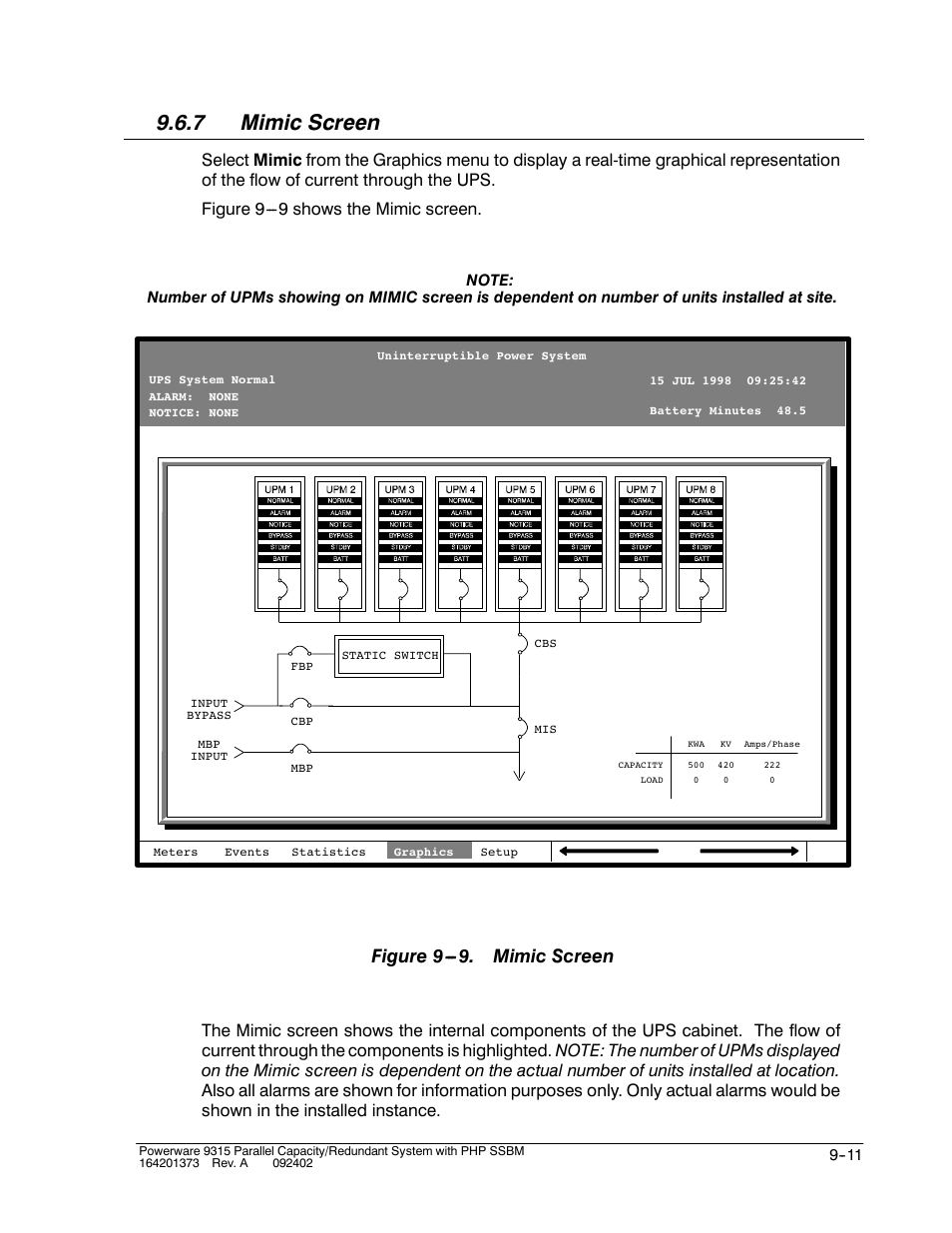 7 mimic screen, Figure 9 . mimic screen | Powerware 9315s User Manual | Page 87 / 205