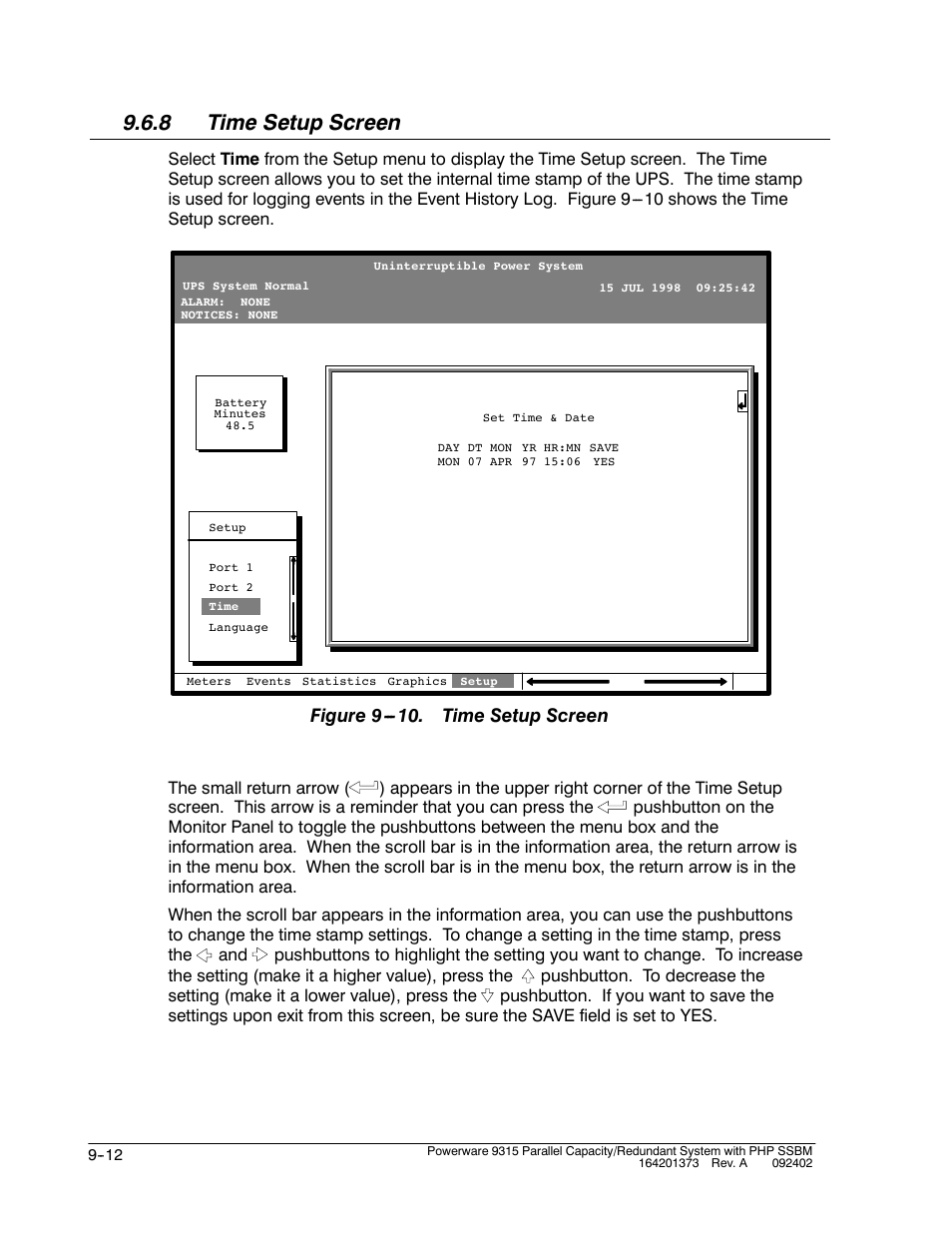 8 time setup screen, Figure 9 . time setup screen | Powerware 9315s User Manual | Page 88 / 205