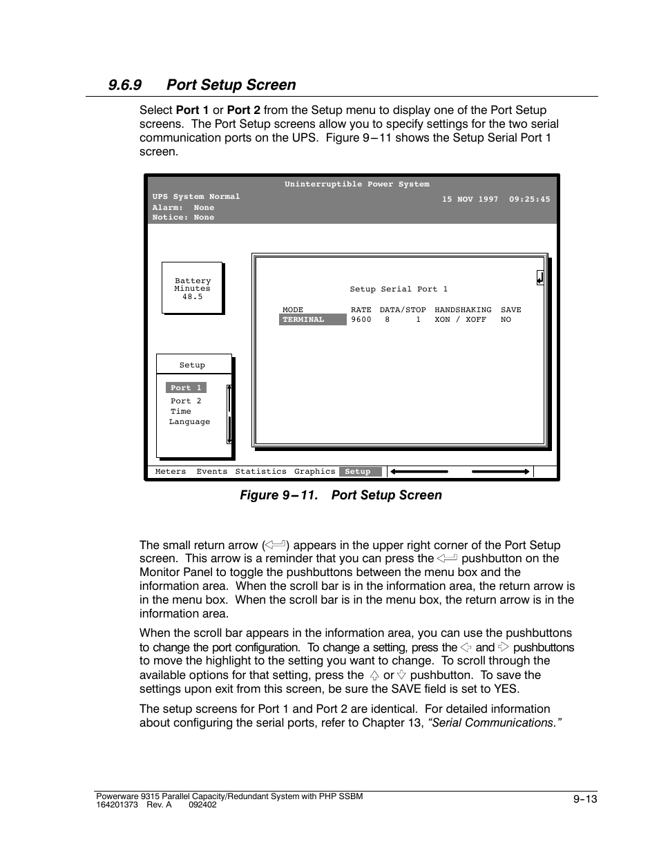 9 port setup screen, Figure 9 . port setup screen | Powerware 9315s User Manual | Page 89 / 205