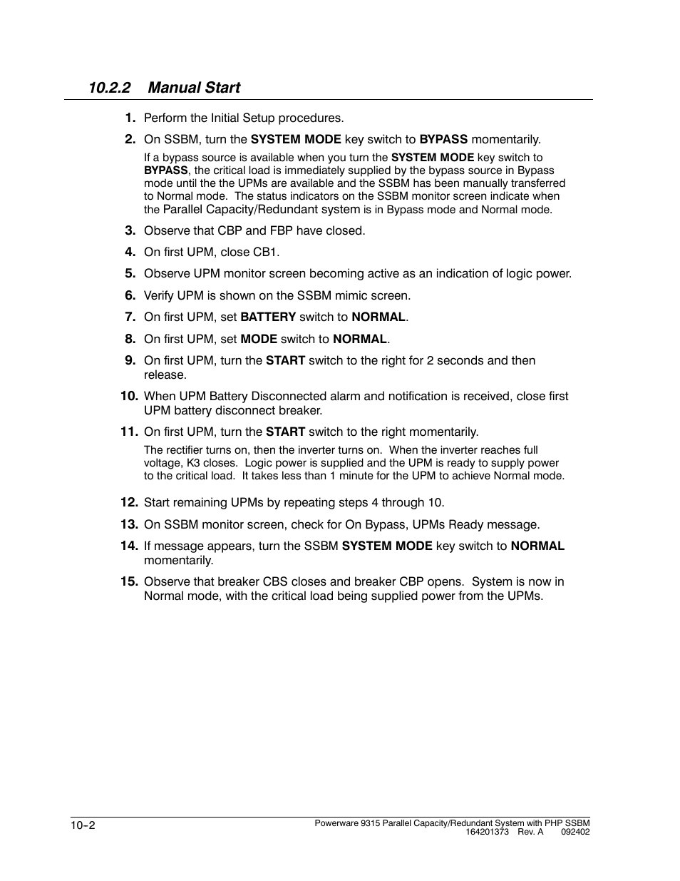 2 manual start | Powerware 9315s User Manual | Page 92 / 205