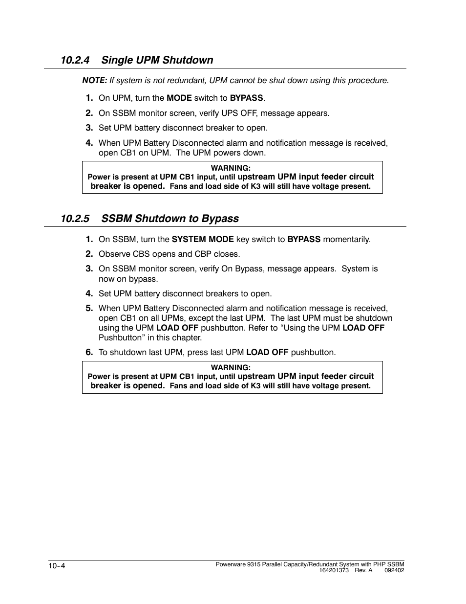 4 single upm shutdown, 5 ssbm shutdown to bypass | Powerware 9315s User Manual | Page 94 / 205
