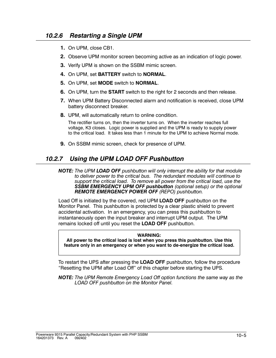 6 restarting a single upm, 7 using the upm load off pushbutton | Powerware 9315s User Manual | Page 95 / 205