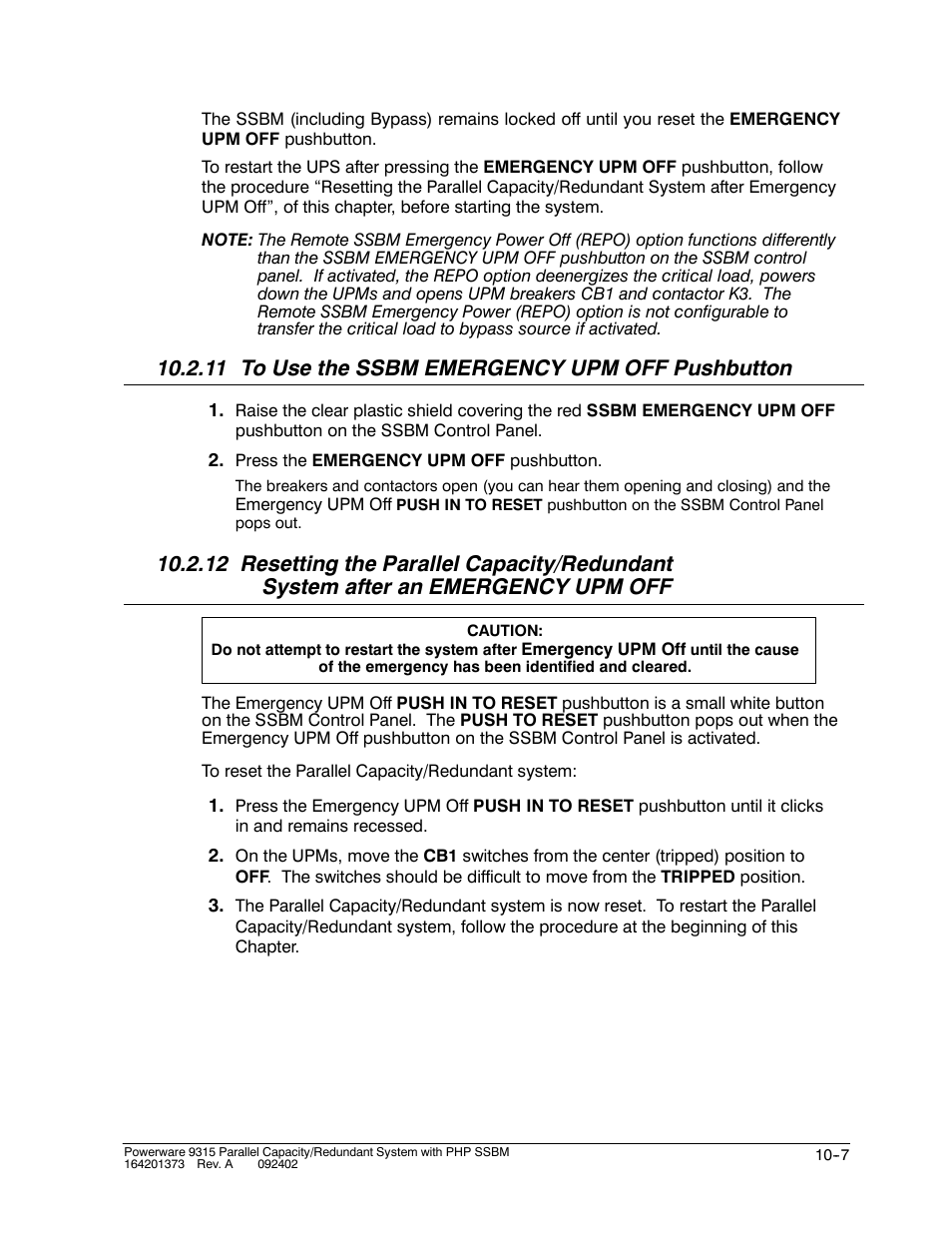 11 to use the ssbm emergency upm off pushbutton | Powerware 9315s User Manual | Page 97 / 205