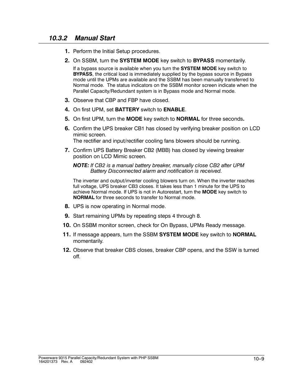 2 manual start | Powerware 9315s User Manual | Page 99 / 205