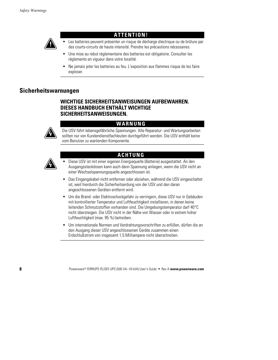 Sicherheitswarnungen | Powerware Ferrups FE/QFE UPS User Manual | Page 14 / 72