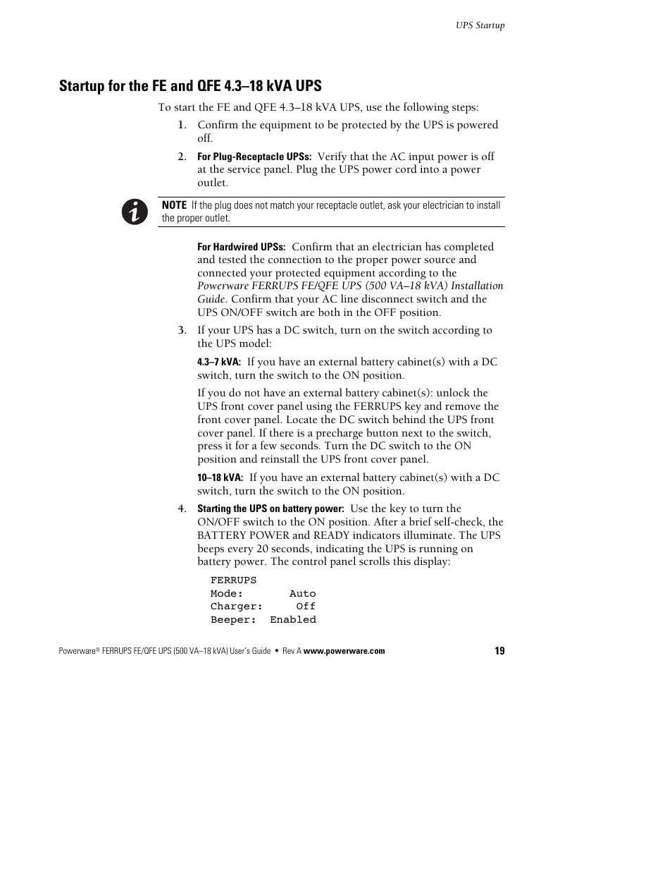 Startup for the fe and qfe 4.3–18 kva ups | Powerware Ferrups FE/QFE UPS User Manual | Page 25 / 72