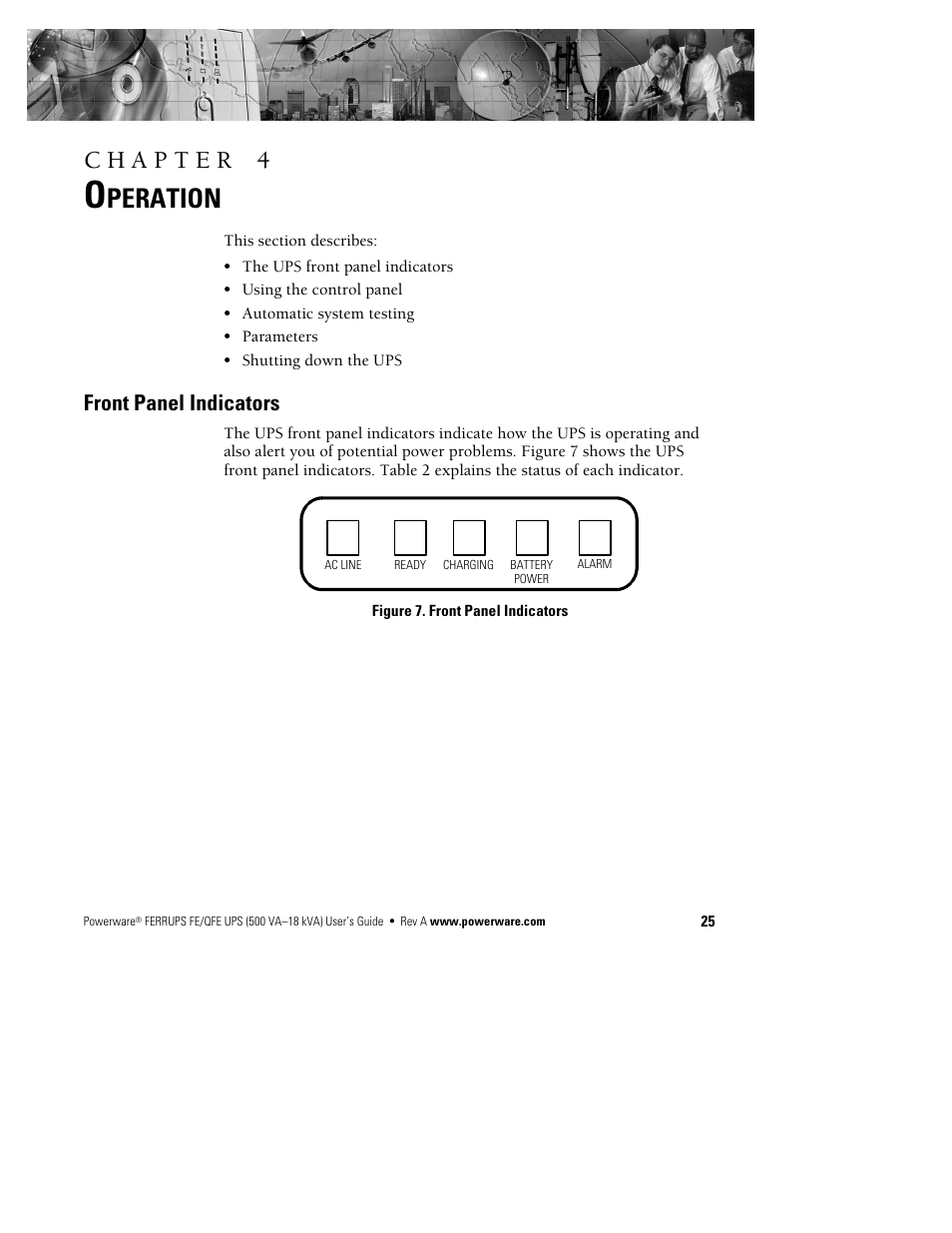 Peration, Front panel indicators | Powerware Ferrups FE/QFE UPS User Manual | Page 31 / 72