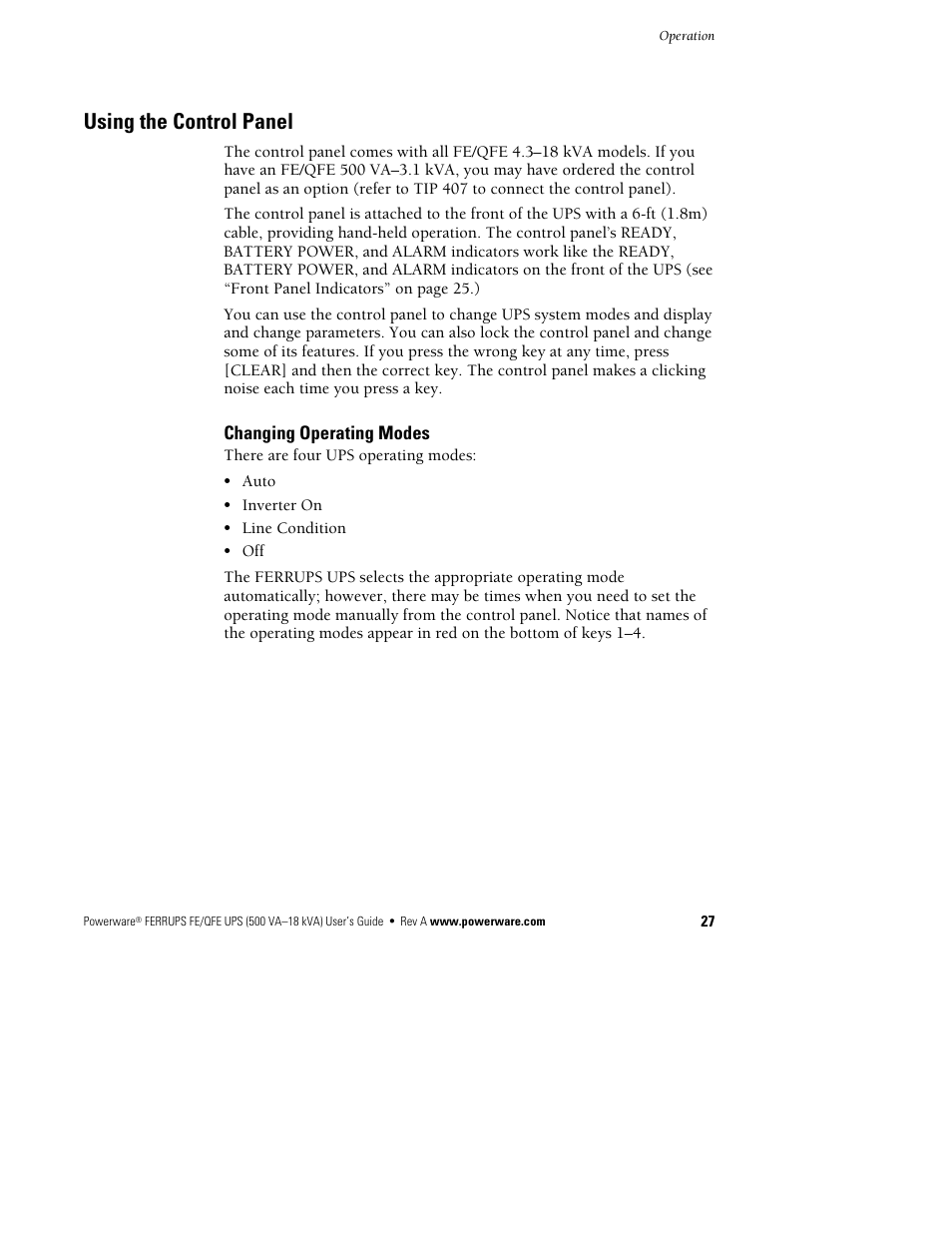 Using the control panel, Changing operating modes | Powerware Ferrups FE/QFE UPS User Manual | Page 33 / 72