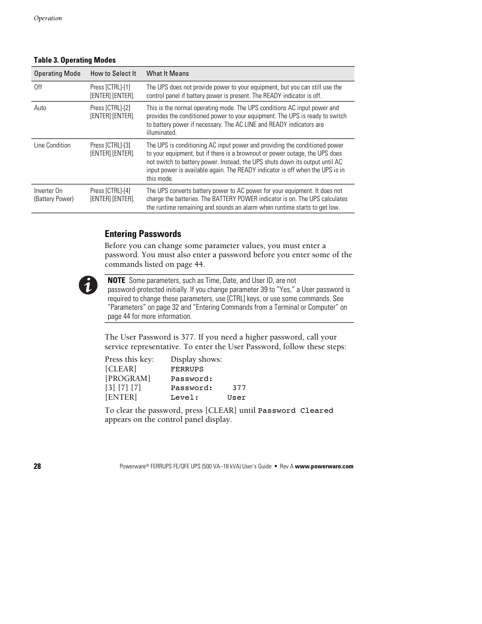 Entering passwords | Powerware Ferrups FE/QFE UPS User Manual | Page 34 / 72
