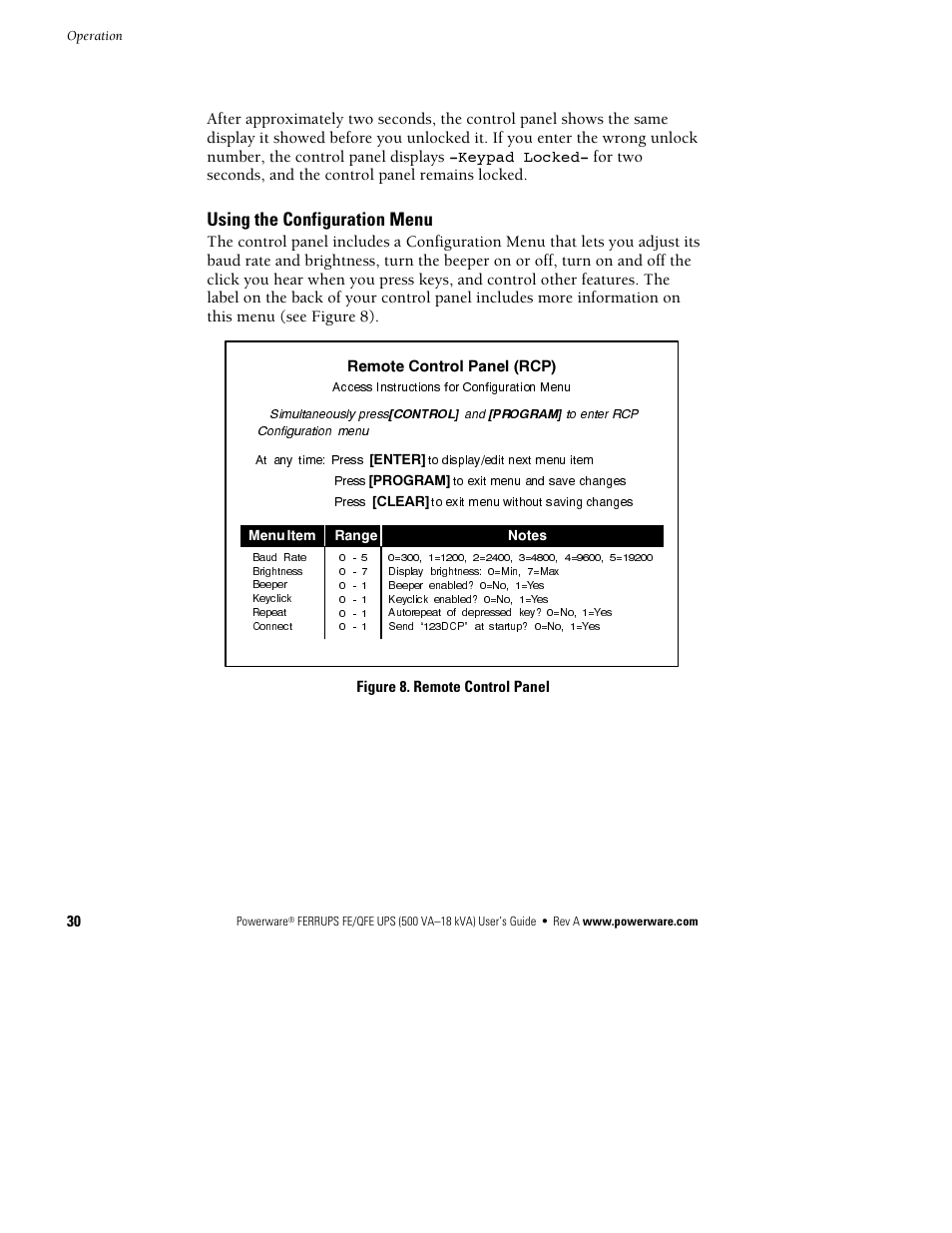 Using the configuration menu | Powerware Ferrups FE/QFE UPS User Manual | Page 36 / 72