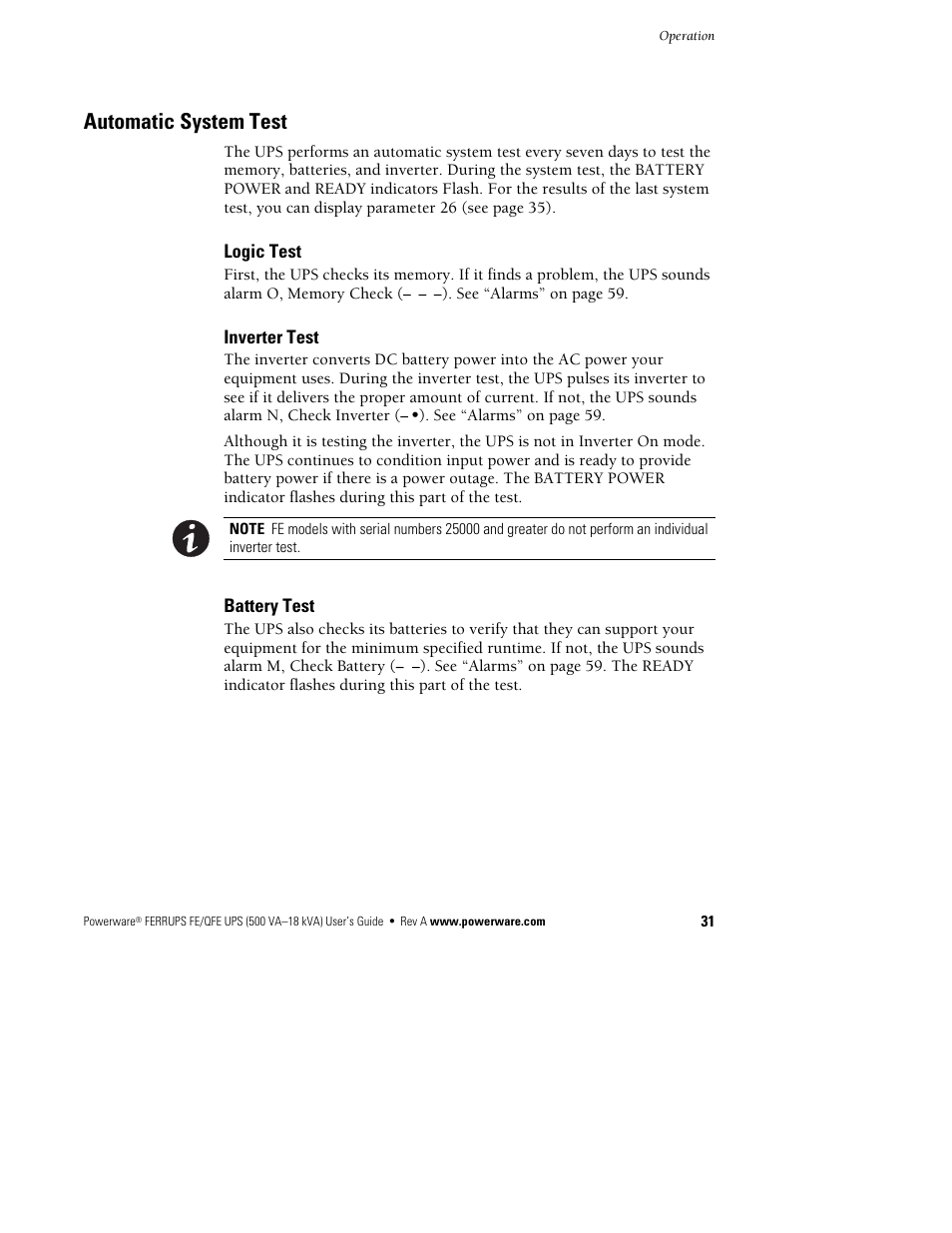 Automatic system test | Powerware Ferrups FE/QFE UPS User Manual | Page 37 / 72