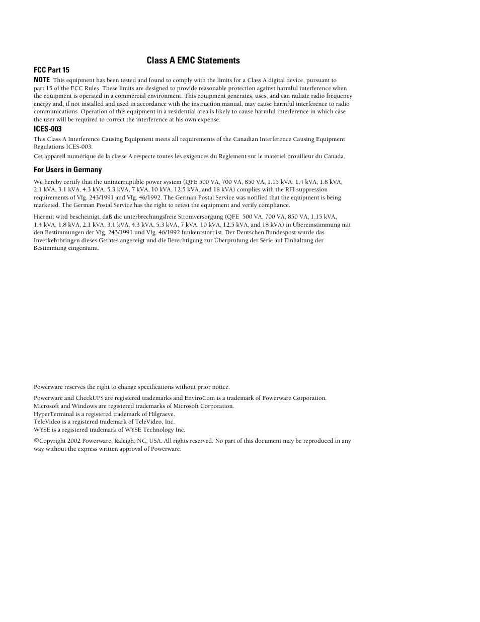 Class a emc statements | Powerware Ferrups FE/QFE UPS User Manual | Page 4 / 72