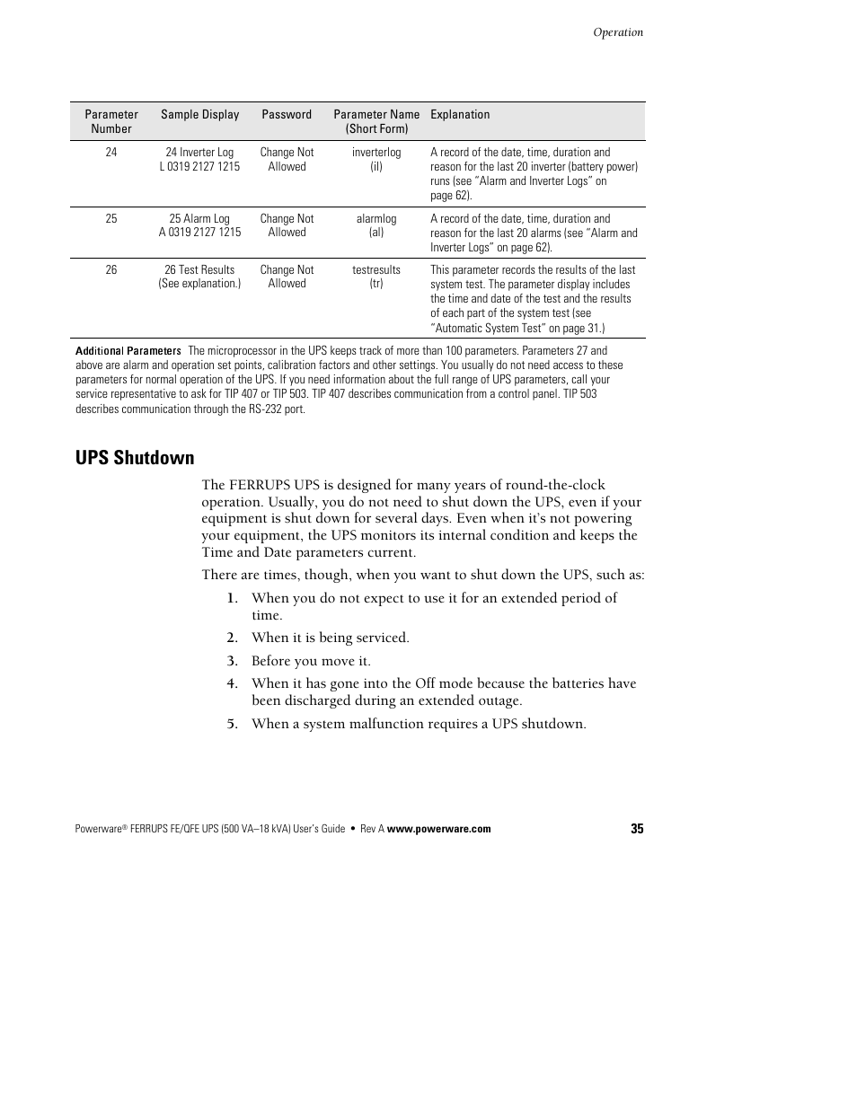 Ups shutdown | Powerware Ferrups FE/QFE UPS User Manual | Page 41 / 72
