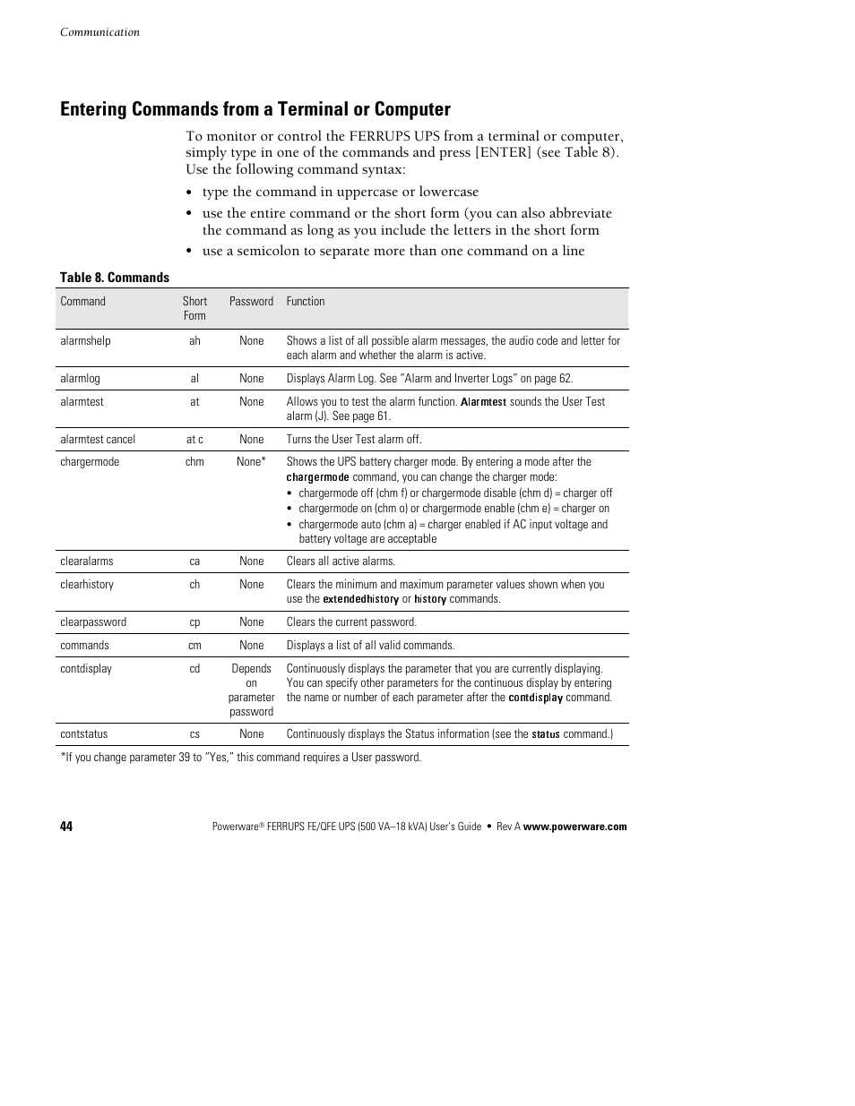 Entering commands from a terminal or computer | Powerware Ferrups FE/QFE UPS User Manual | Page 50 / 72