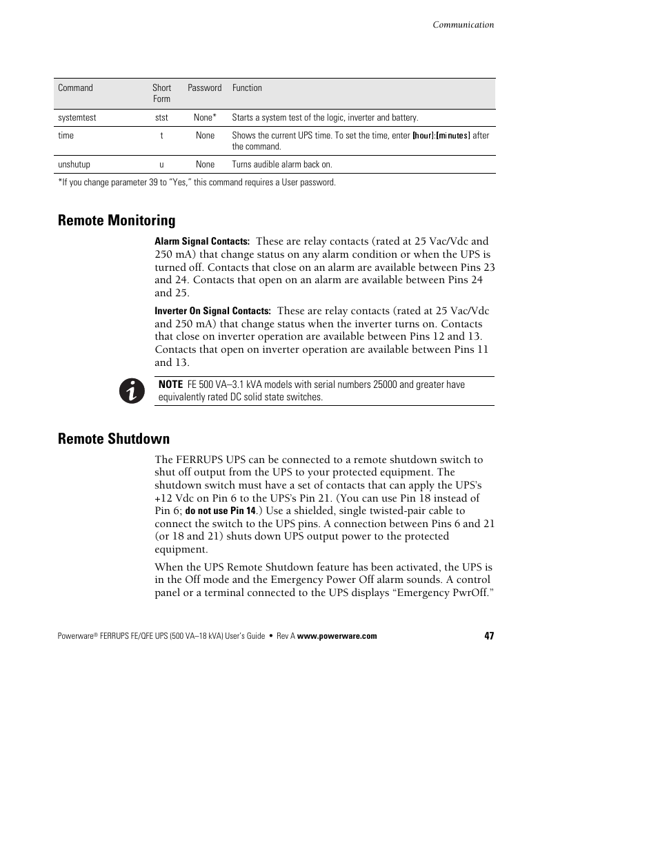 Remote monitoring, Remote shutdown | Powerware Ferrups FE/QFE UPS User Manual | Page 53 / 72