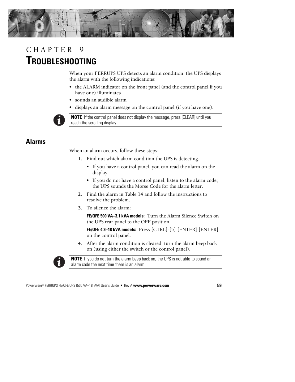 Roubleshooting, Alarms | Powerware Ferrups FE/QFE UPS User Manual | Page 65 / 72