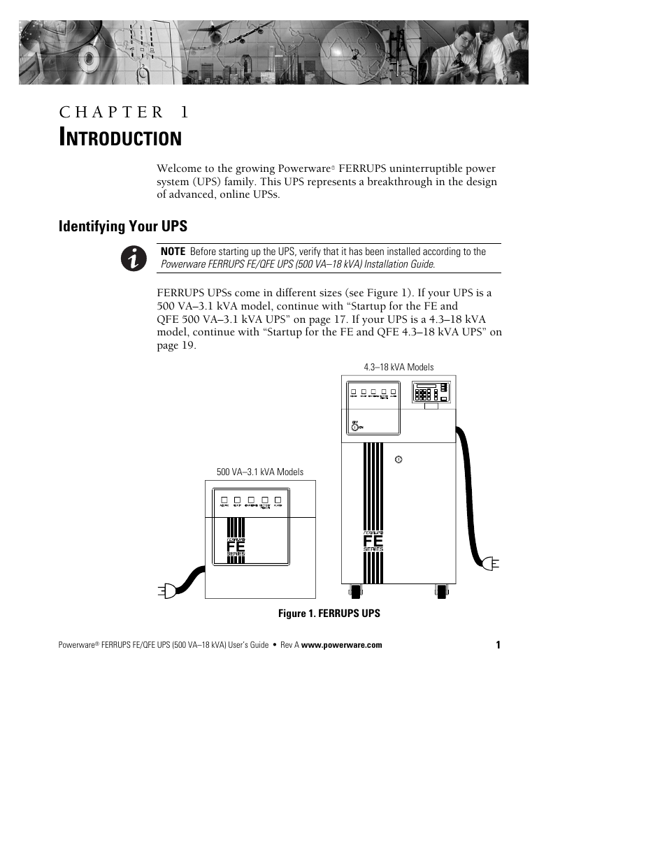 Ntroduction, Identifying your ups | Powerware Ferrups FE/QFE UPS User Manual | Page 7 / 72