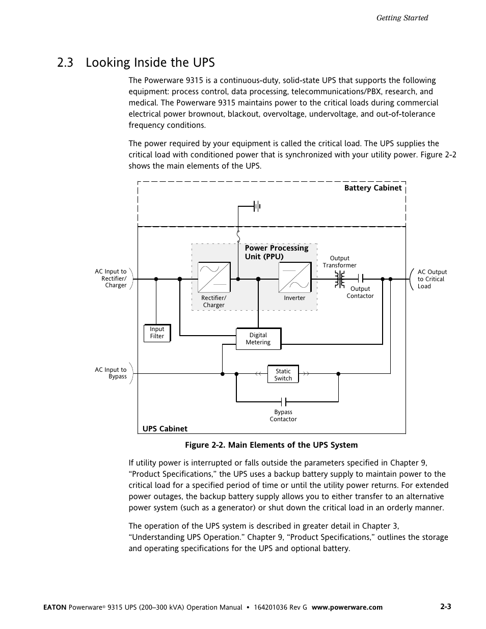 3 looking inside the ups, Looking inside the ups, Figure 2-2. main elements of the ups system | Powerware 9315 UPS User Manual | Page 11 / 84