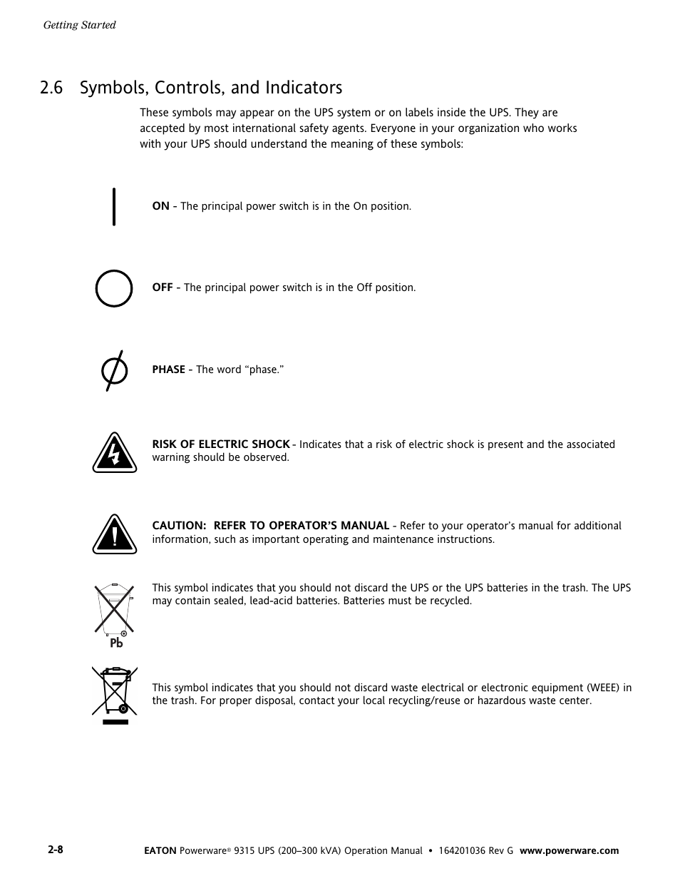 6 symbols, controls, and indicators, Symbols, controls, and indicators | Powerware 9315 UPS User Manual | Page 16 / 84