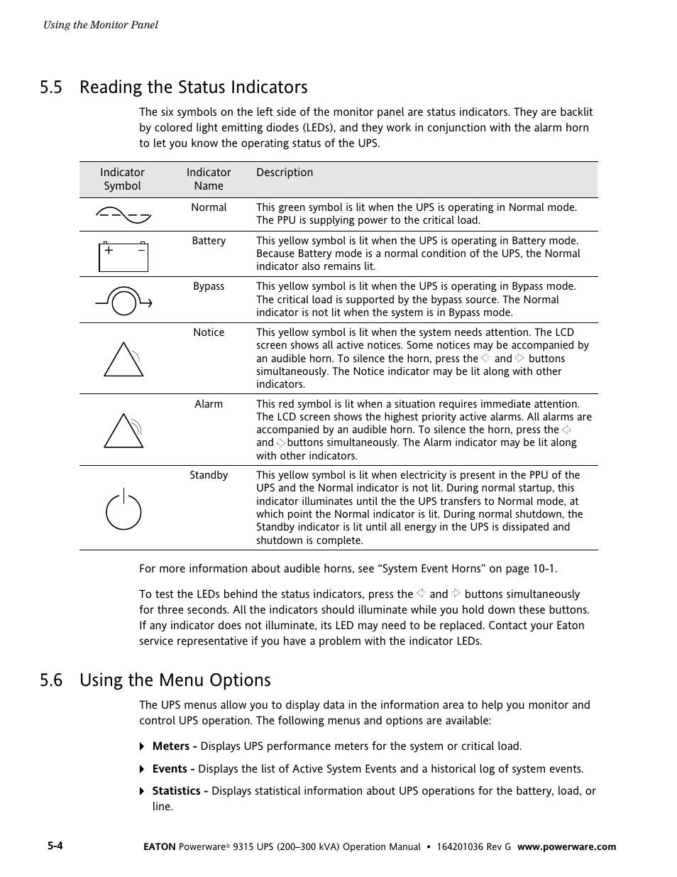 5 reading the status indicators, 6 using the menu options, Reading the status indicators | Using the menu options | Powerware 9315 UPS User Manual | Page 30 / 84