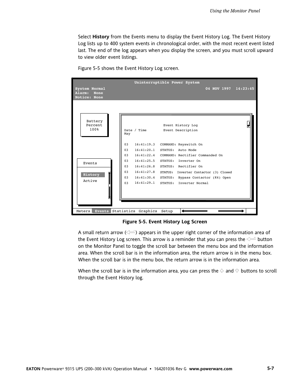 Figure 5-5. event history log screen | Powerware 9315 UPS User Manual | Page 33 / 84