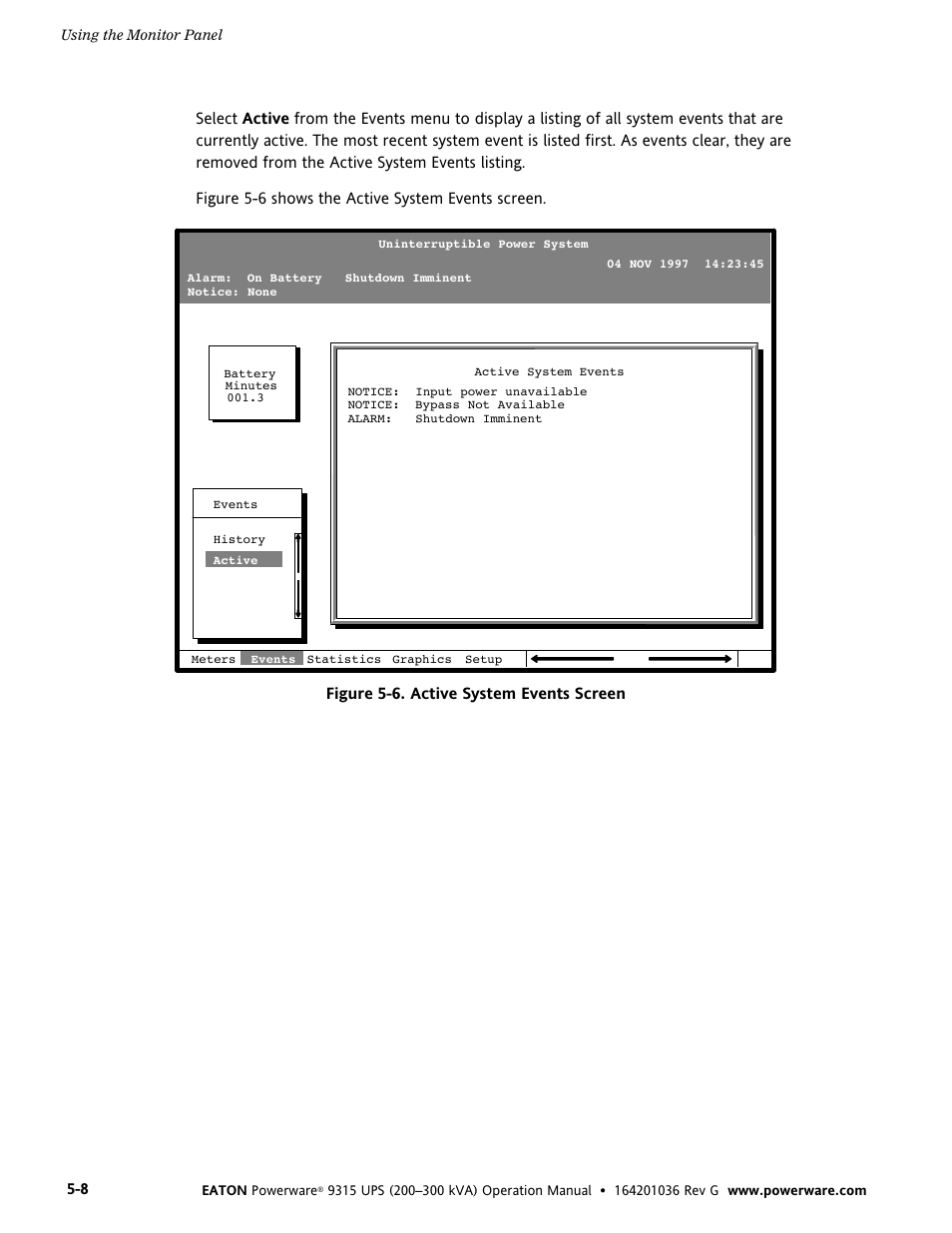 Figure 5-6. active system events screen | Powerware 9315 UPS User Manual | Page 34 / 84