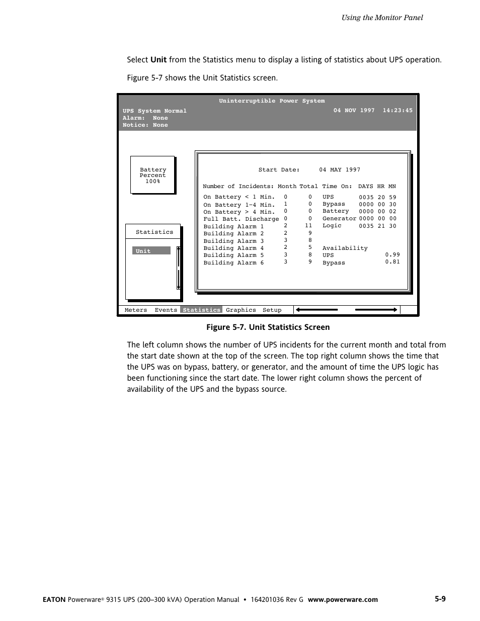 Figure 5-7. unit statistics screen | Powerware 9315 UPS User Manual | Page 35 / 84