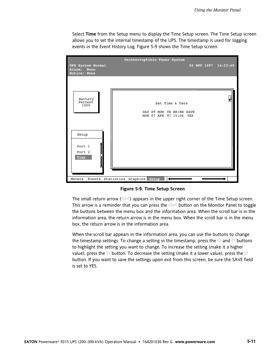 Figure 5-9. time setup screen | Powerware 9315 UPS User Manual | Page 37 / 84