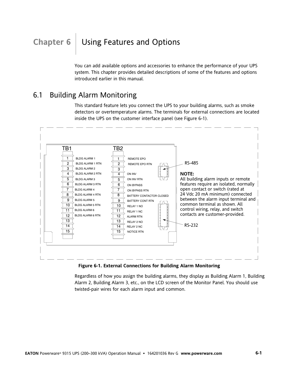 Chapter 6 using features and options, 1 building alarm monitoring, Using features and options | Building alarm monitoring | Powerware 9315 UPS User Manual | Page 39 / 84