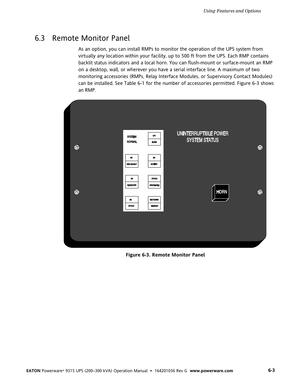 3 remote monitor panel, Remote monitor panel, Figure 6-3. remote monitor panel | Powerware 9315 UPS User Manual | Page 41 / 84