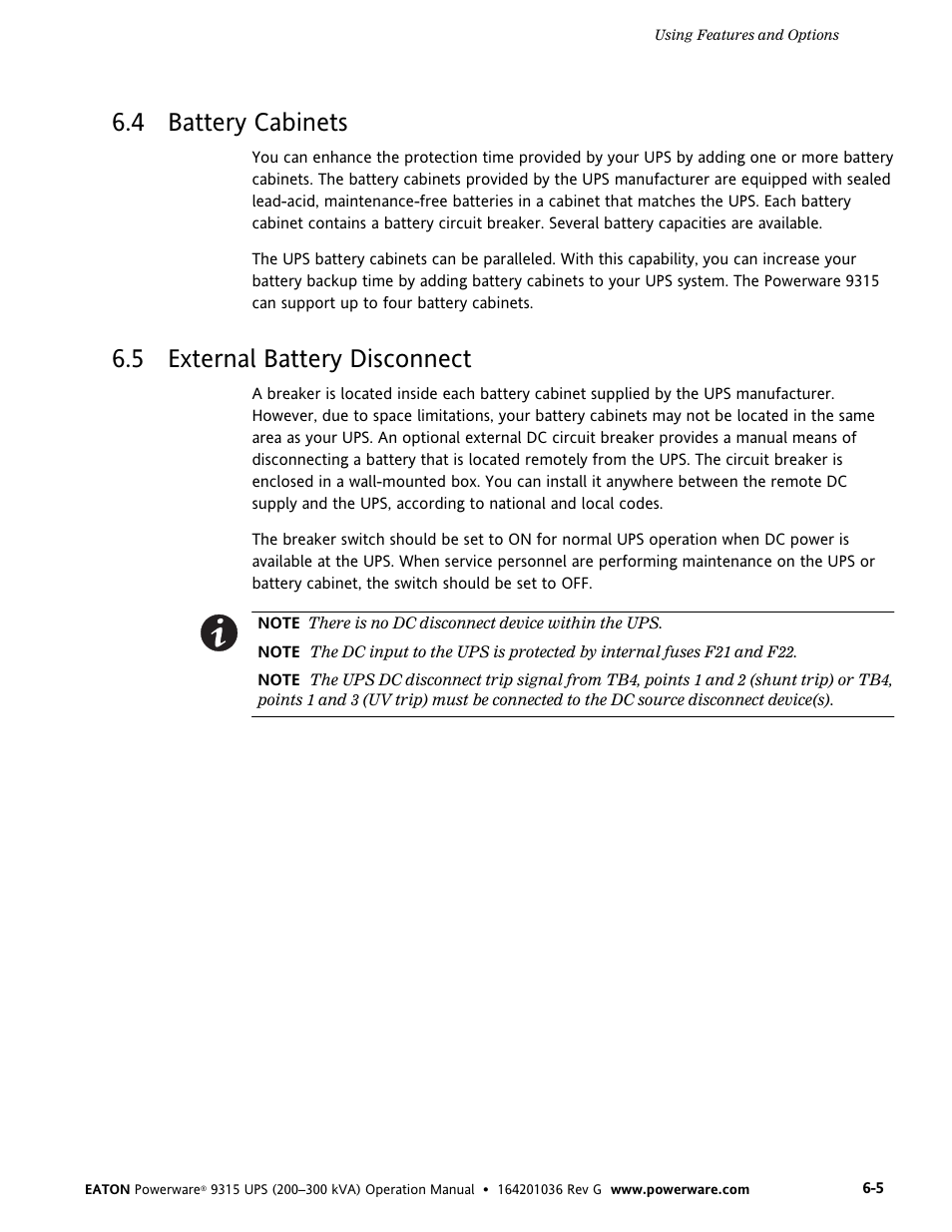 4 battery cabinets, 5 external battery disconnect, Battery cabinets | External battery disconnect | Powerware 9315 UPS User Manual | Page 43 / 84