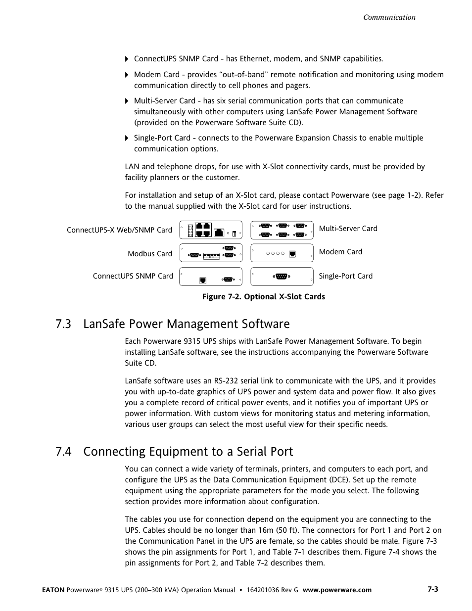 3 lansafe power management software, 4 connecting equipment to a serial port, Lansafe power management software | Connecting equipment to a serial port, Figure 7-2. optional x−slot cards | Powerware 9315 UPS User Manual | Page 49 / 84