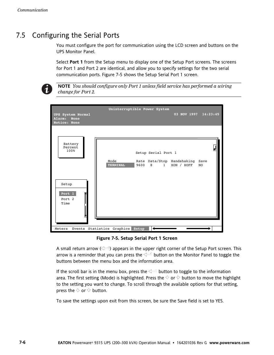 5 configuring the serial ports, Configuring the serial ports, Figure 7-5. setup serial port 1 screen | Powerware 9315 UPS User Manual | Page 52 / 84