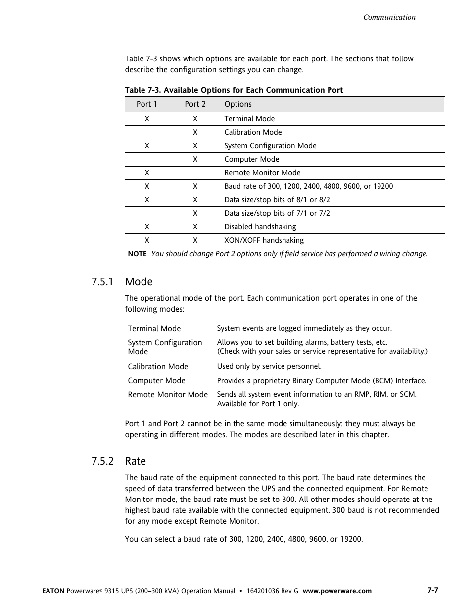 1 mode, 2 rate, Mode | Rate | Powerware 9315 UPS User Manual | Page 53 / 84