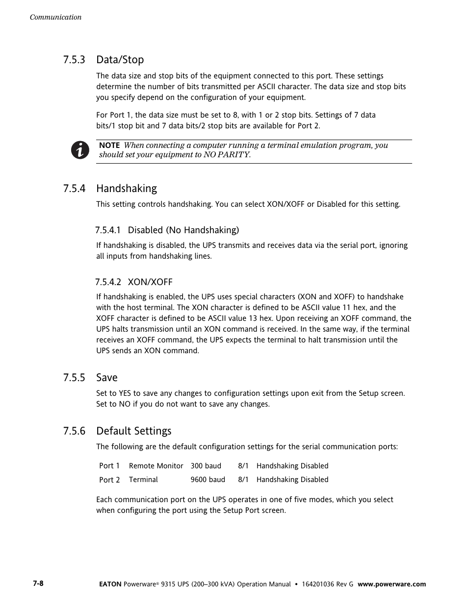 3 data/stop, 4 handshaking, 5 save | 6 default settings, Data/stop, Handshaking, Disabled (no handshaking), Xon/xoff, Save, Default settings | Powerware 9315 UPS User Manual | Page 54 / 84