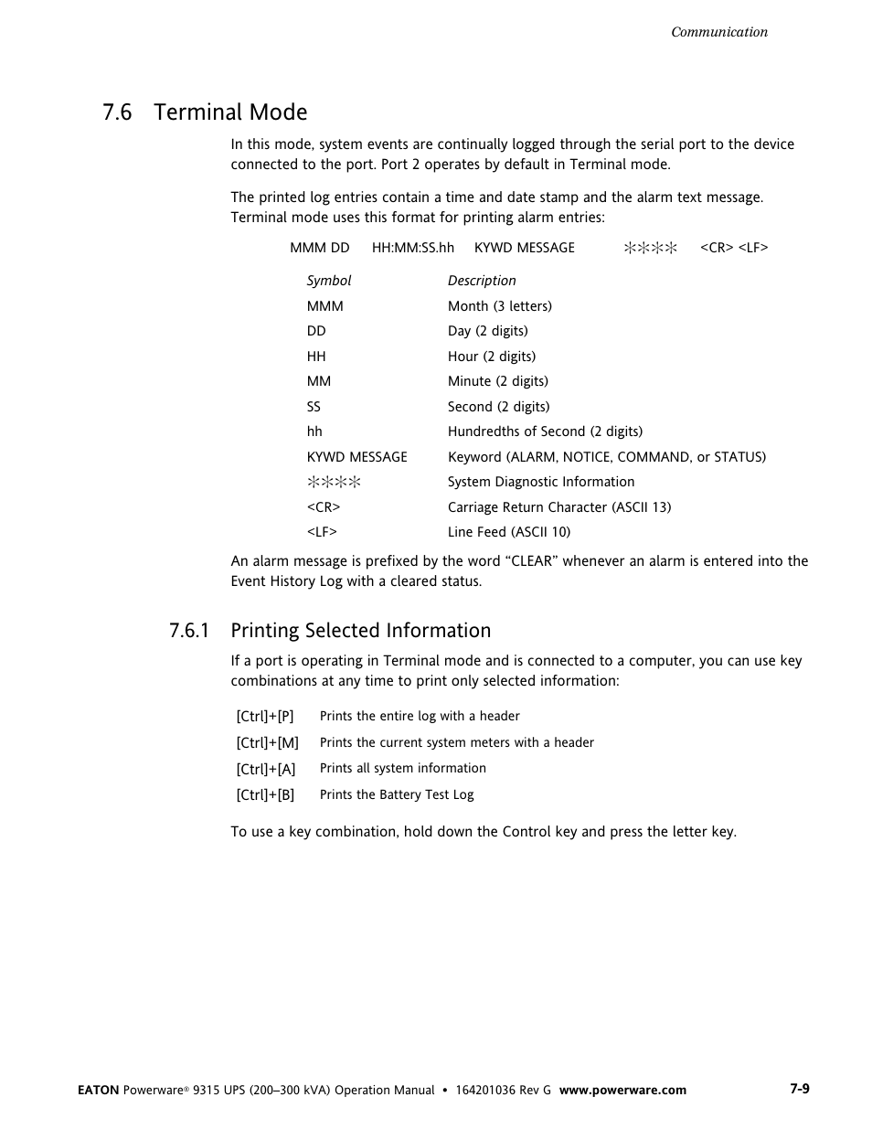 6 terminal mode, 1 printing selected information, Terminal mode | Printing selected information | Powerware 9315 UPS User Manual | Page 55 / 84