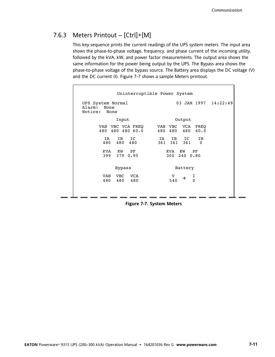 3 meters printout - [ctrl]+[m, Meters printout – [ctrl]+[m, Figure 7-7. system meters | 3 meters printout – [ctrl]+[m | Powerware 9315 UPS User Manual | Page 57 / 84