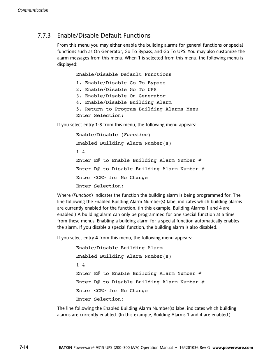 3 enable/disable default functions, Enable/disable default functions | Powerware 9315 UPS User Manual | Page 60 / 84