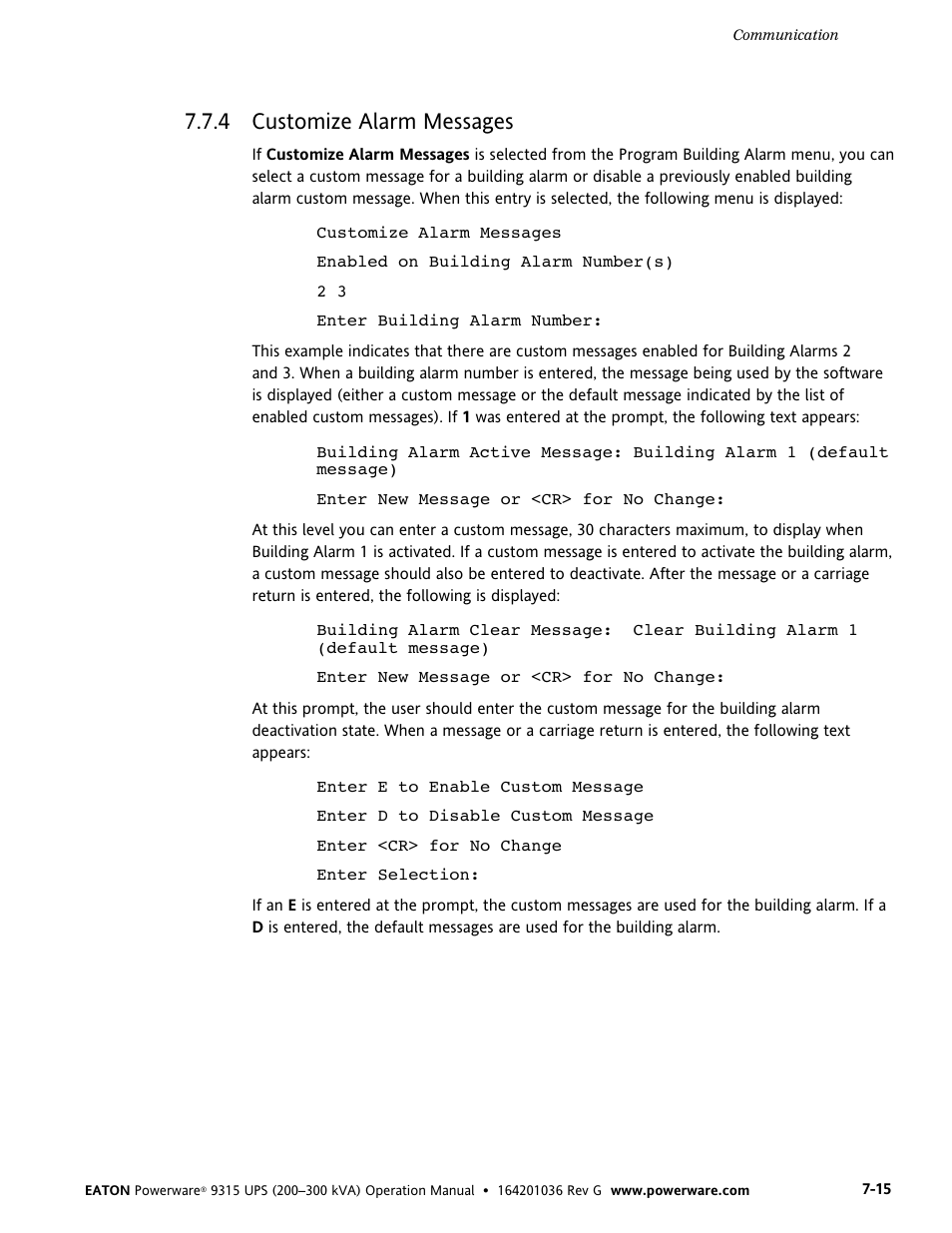 4 customize alarm messages, Customize alarm messages | Powerware 9315 UPS User Manual | Page 61 / 84