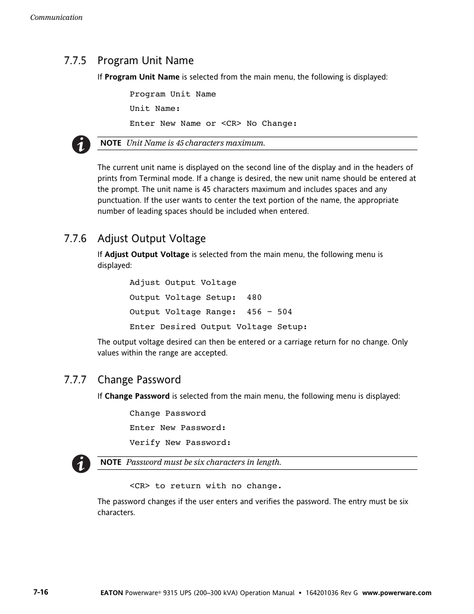 5 program unit name, 6 adjust output voltage, 7 change password | Program unit name, Adjust output voltage, Change password | Powerware 9315 UPS User Manual | Page 62 / 84