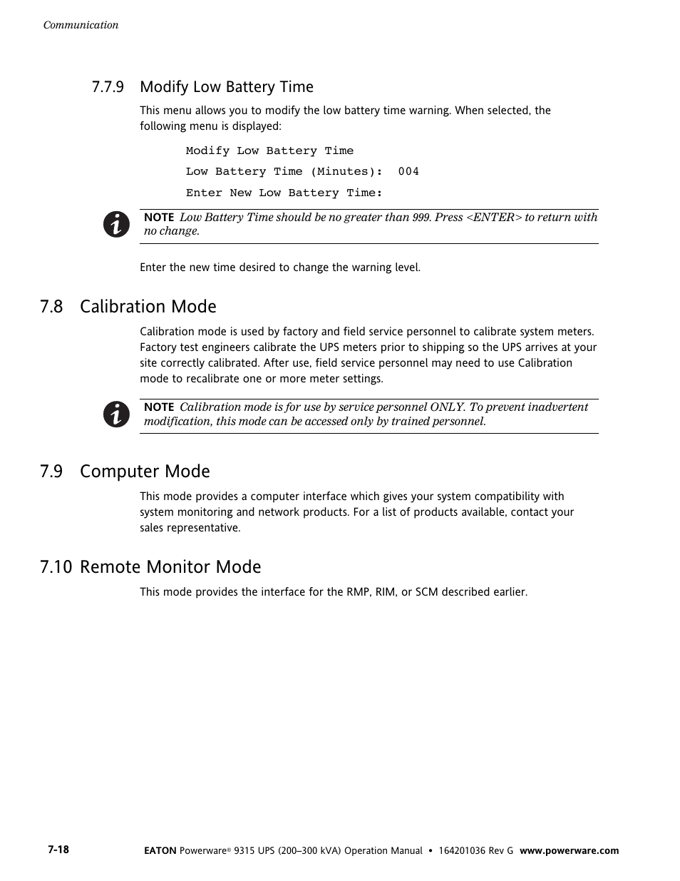 9 modify low battery time, 8 calibration mode, 9 computer mode | 10 remote monitor mode, Modify low battery time, Calibration mode, Computer mode | Powerware 9315 UPS User Manual | Page 64 / 84