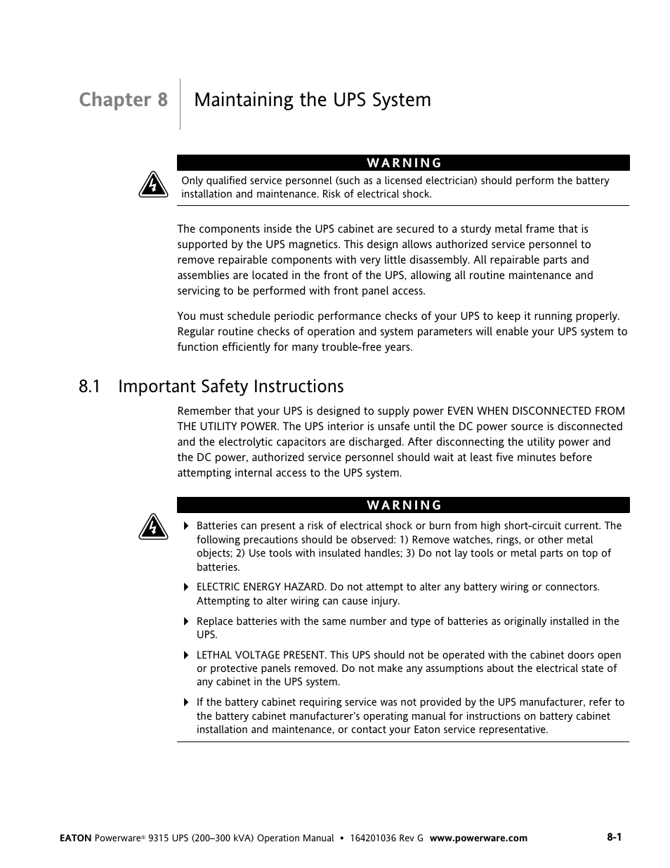 Chapter 8 maintaining the ups system, 1 important safety instructions, Maintaining the ups system | Important safety instructions | Powerware 9315 UPS User Manual | Page 67 / 84