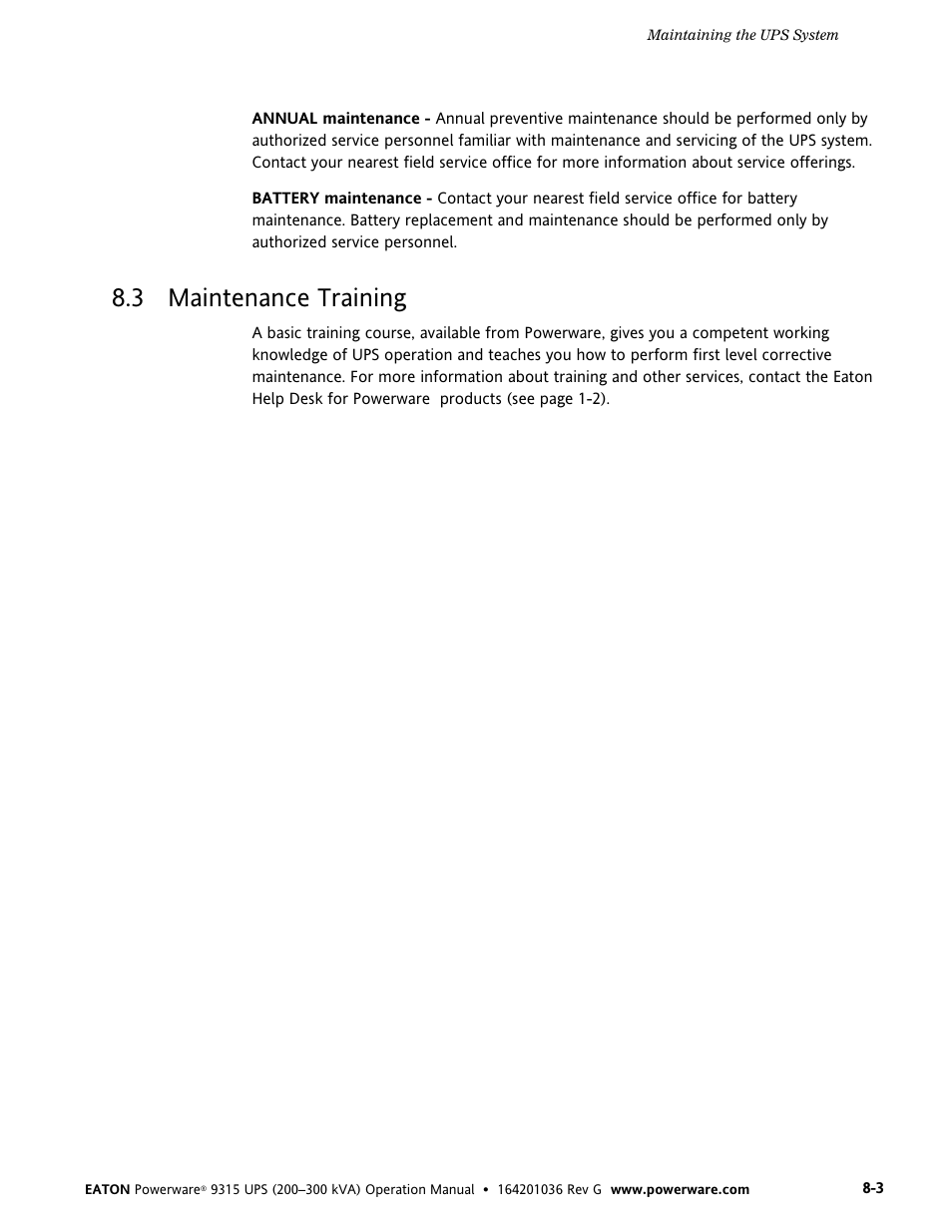 3 maintenance training, Maintenance training | Powerware 9315 UPS User Manual | Page 69 / 84