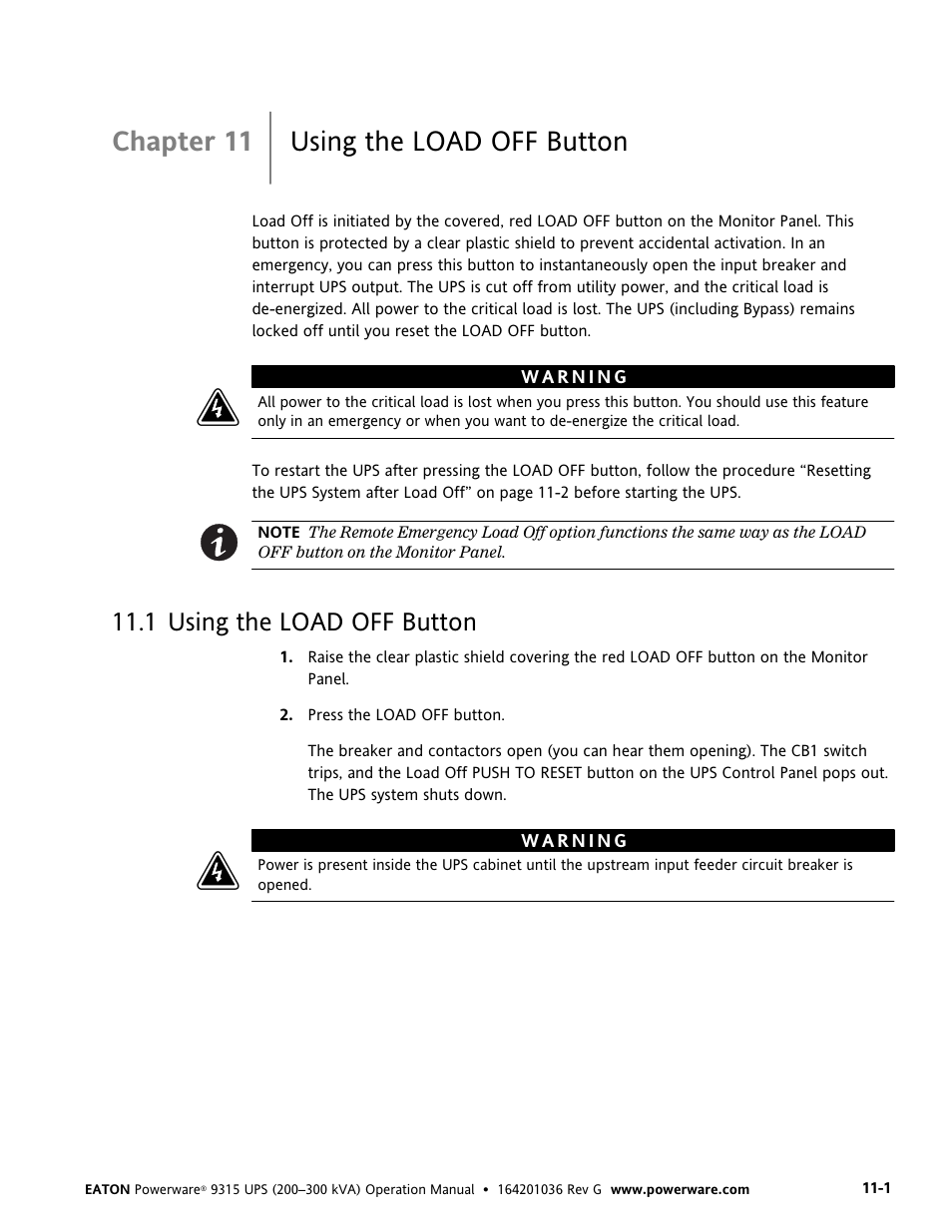 Chapter 11 using the load off button, 1 using the load off button, Using the load off button | Powerware 9315 UPS User Manual | Page 79 / 84