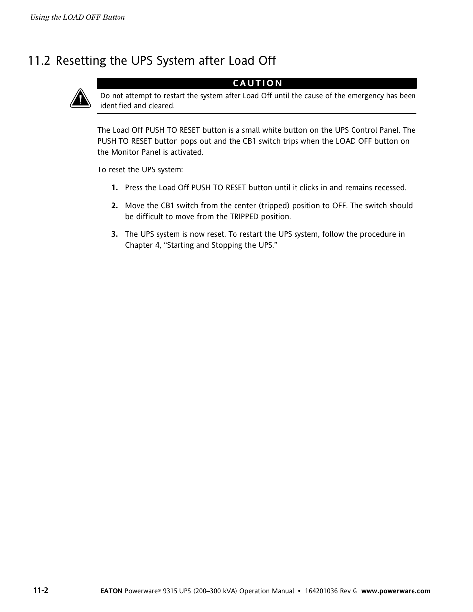 2 resetting the ups system after load off | Powerware 9315 UPS User Manual | Page 80 / 84