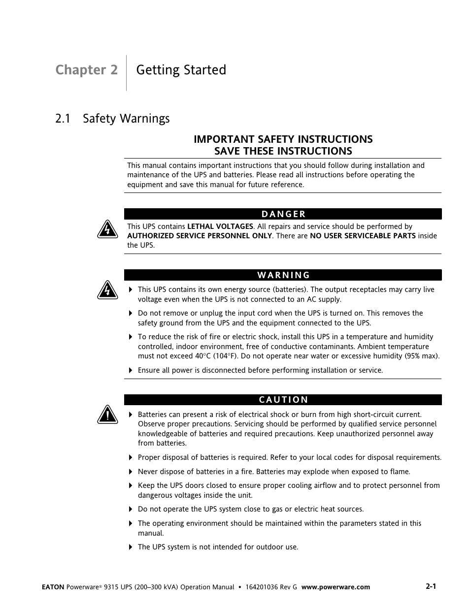 Chapter 2 getting started, 1 safety warnings, Getting started | Safety warnings | Powerware 9315 UPS User Manual | Page 9 / 84